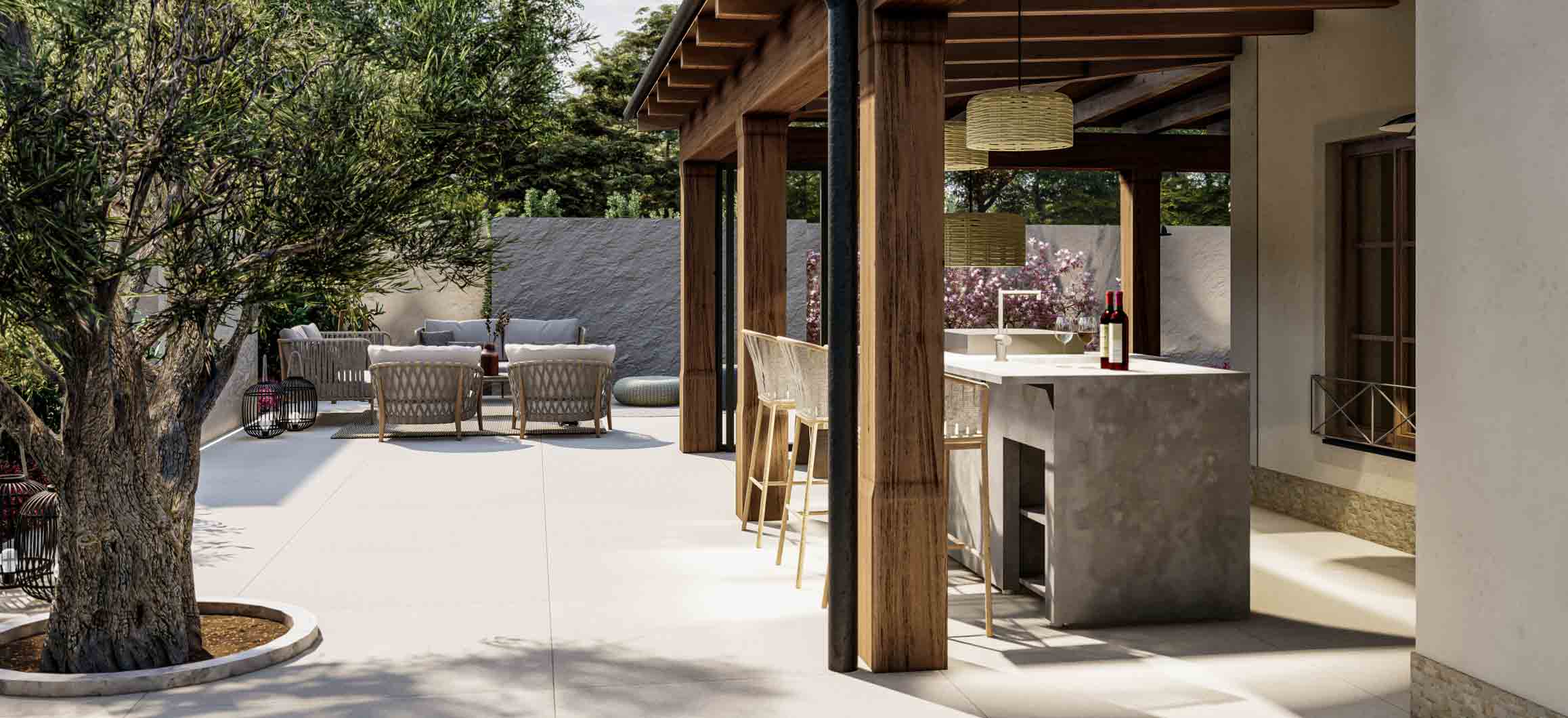 3D-Visualisierung Garten mit überdachter Outdoorküche und stilvollem Lounge-Bereich