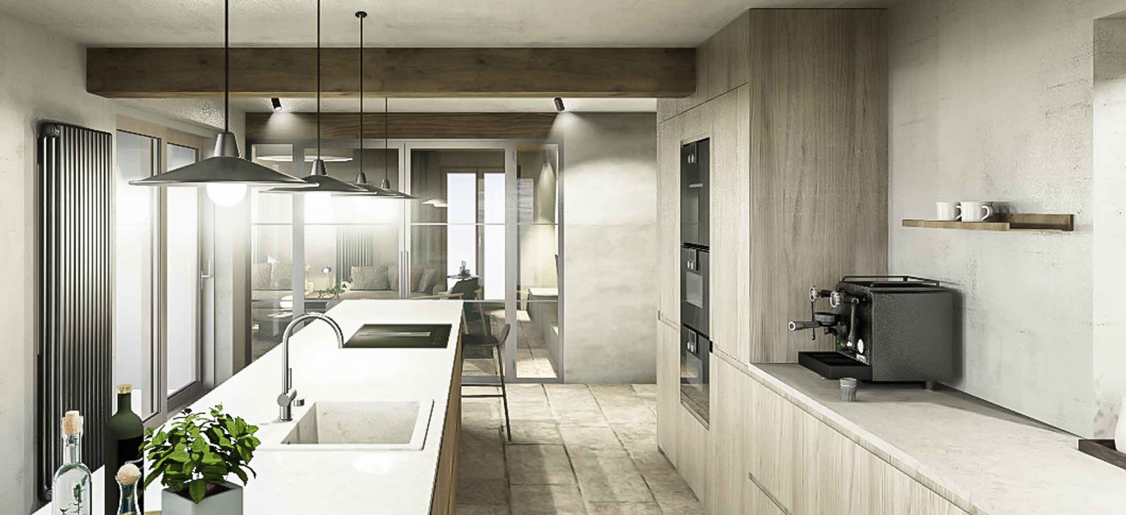 3D-Visualisierung minimalistische Küche mit Kochinsel, Holz, Naturstein, Stahl, Matteobrioni