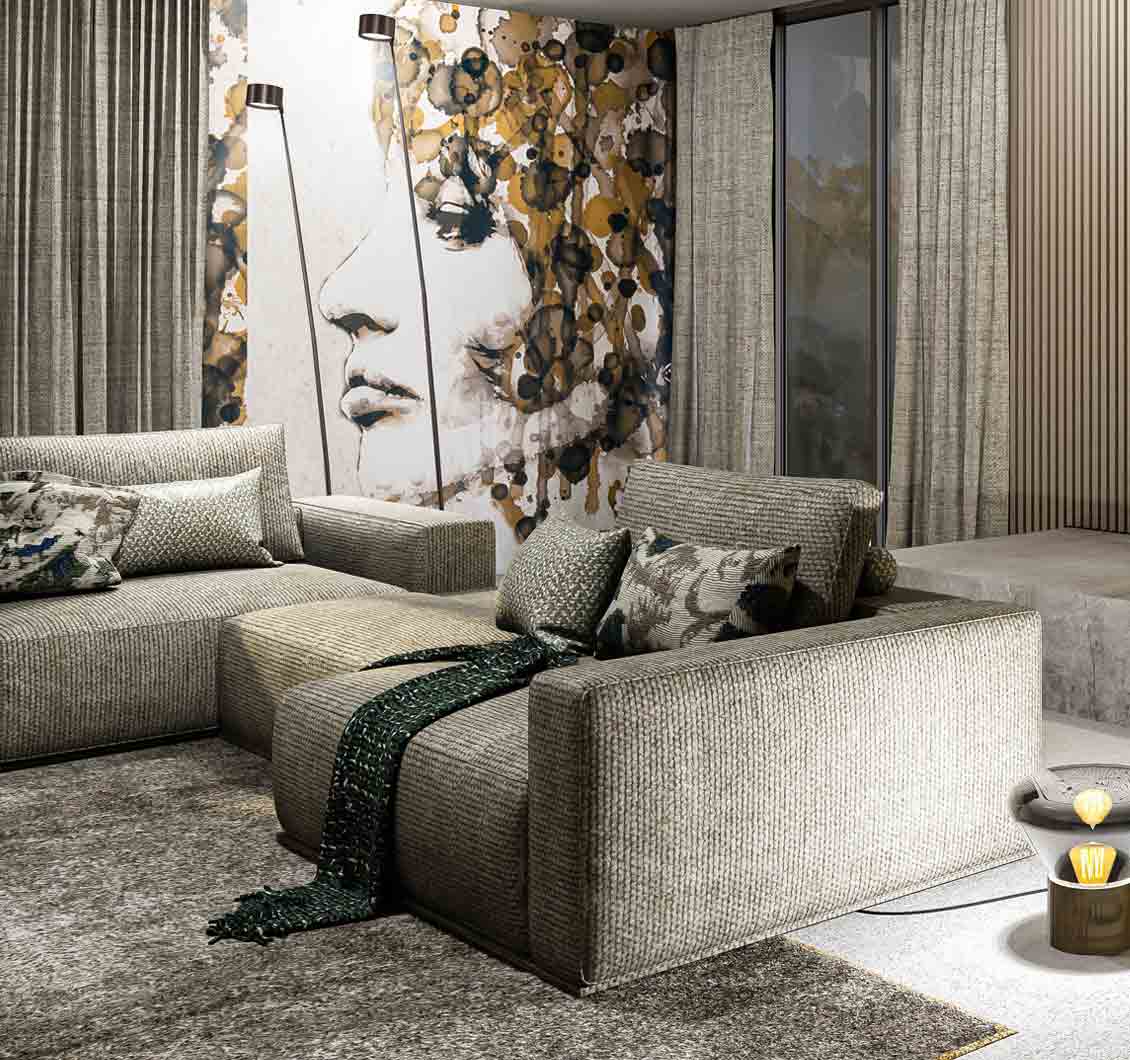 3D-Visualisierung Wohnzimmer mit hochwertigen Polstermöbeln in gedeckten Farben