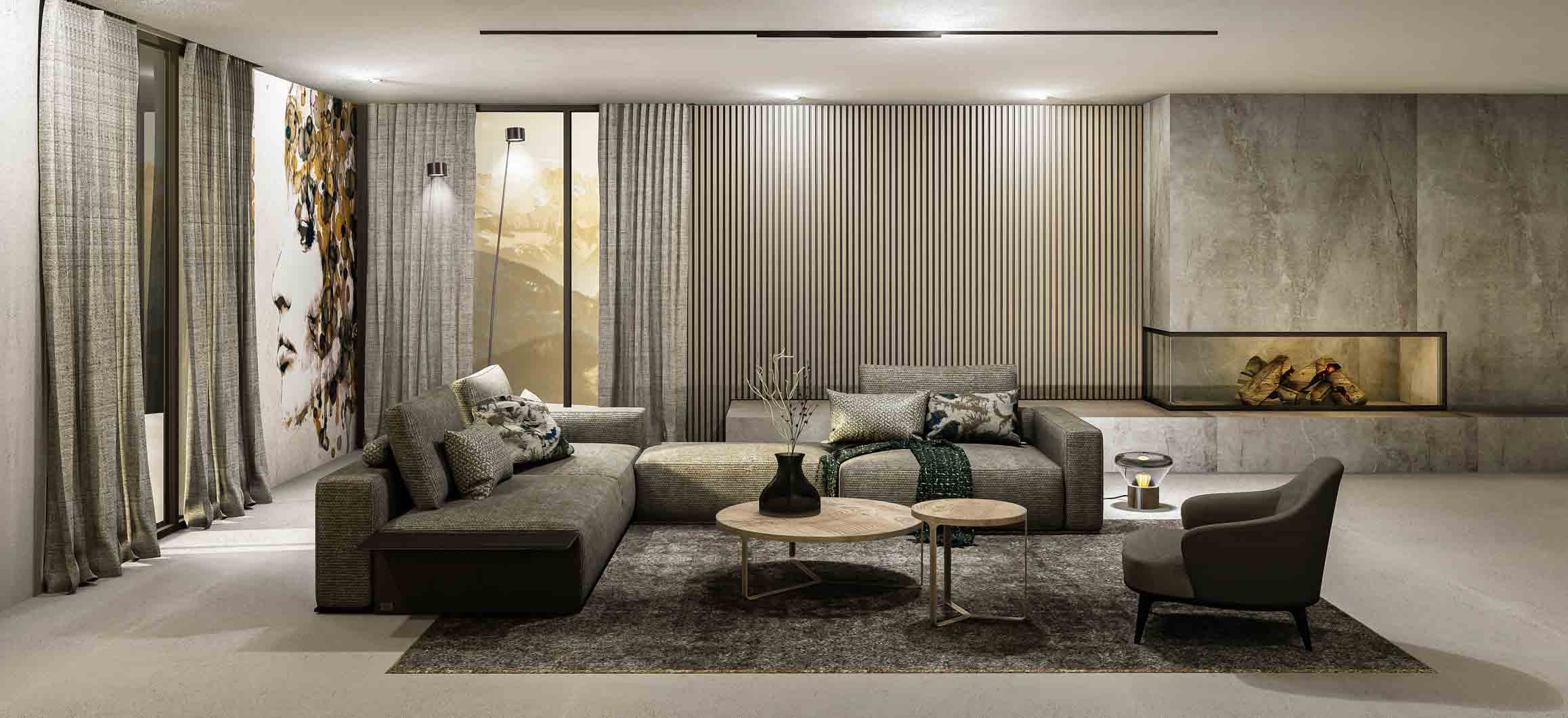 3D-Visualisierung Wohnzimmer ausgestattet mit namhaften Design-Labels, Kamin und Design-Wandbelag